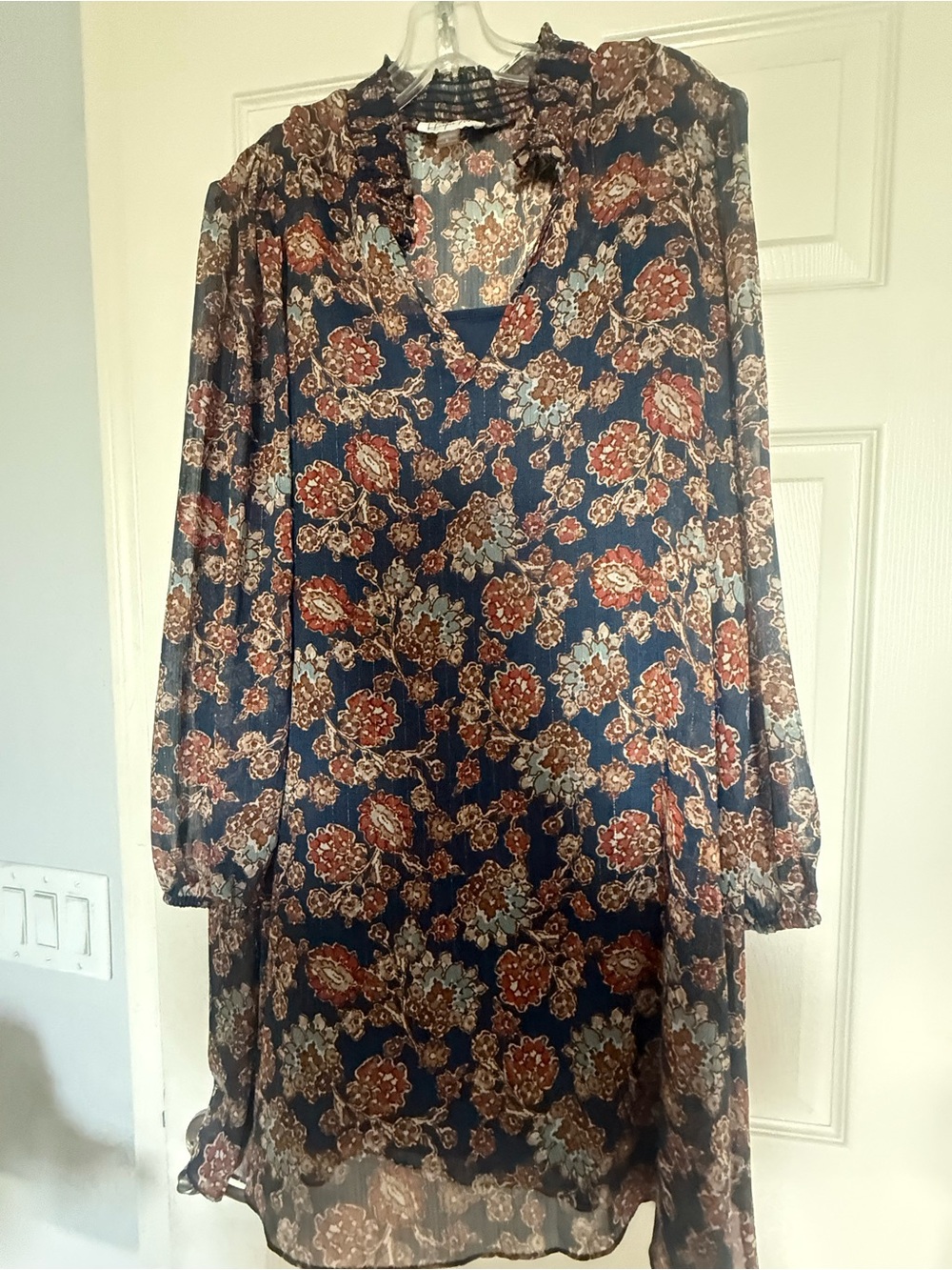Floral Navy Long-Sleeve V-Neck Shift Dress